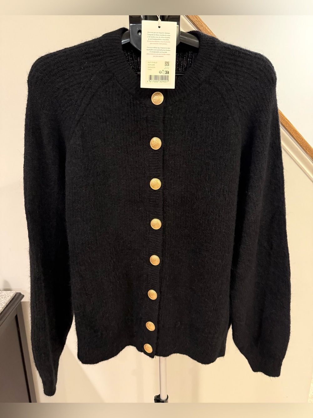NWT Sézane Othello Cardigan Sweater Black Gold Buttons XXXL